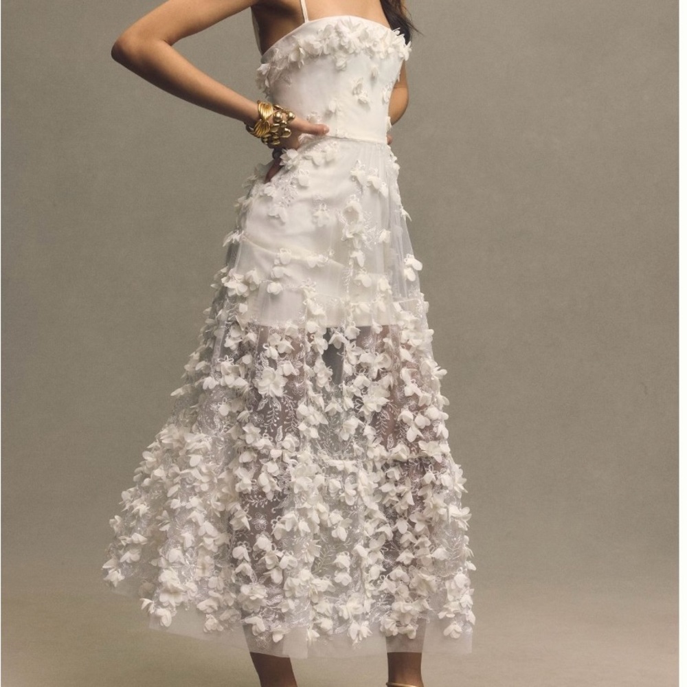 BHLDN Anthropologie Helsi Audrey Square-Neck Floral Appliqué Sheer Midi Dress